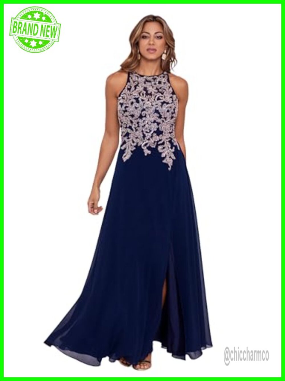 Sleeveless Halter A-Line Gown with Embroidered Illusion Bodice